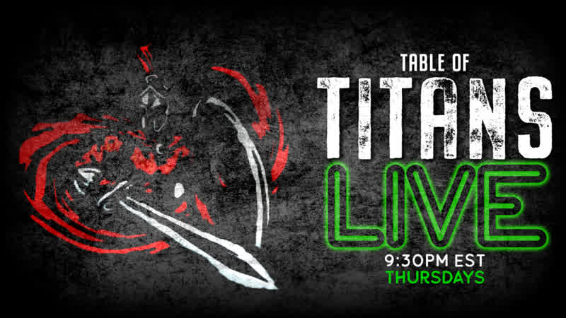 Table of Titans Live — black field, red warrior, gold titles